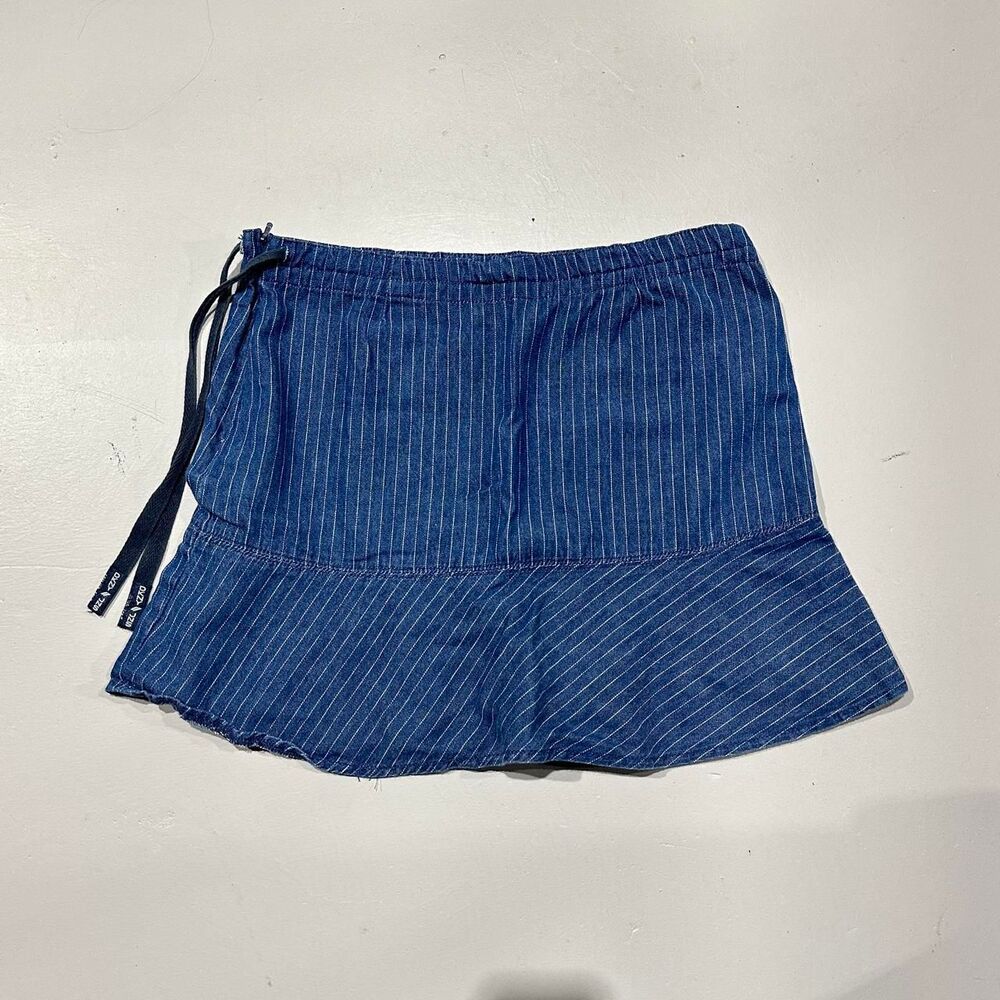 DKNY Jeans Blue and White Pinstripe Ruffle Mini Skirt with Side Tie